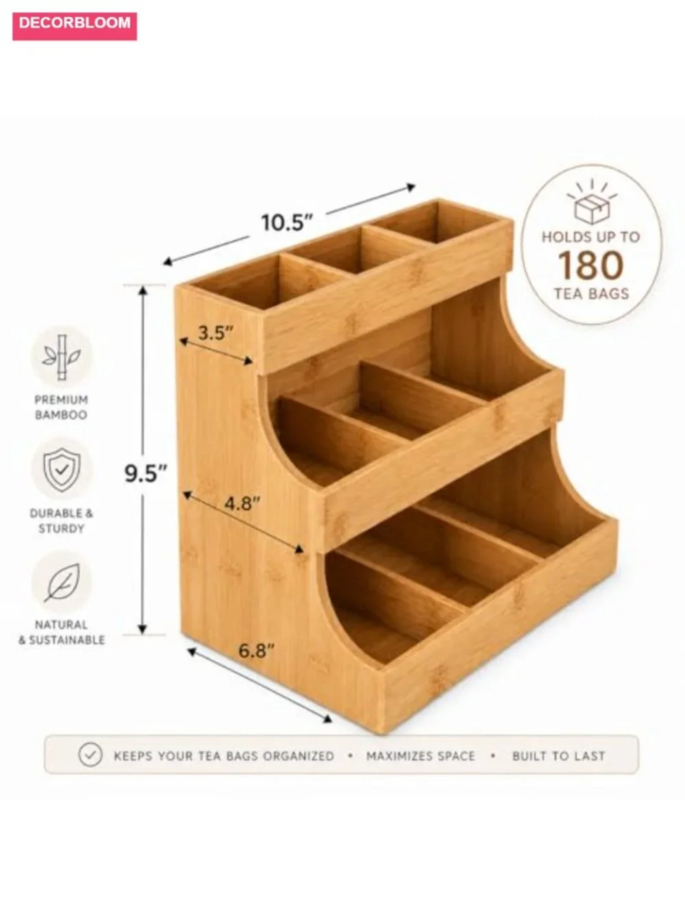 Tea Bag Organizer - Bamboo Storage Box Holds 180 Tea Bags